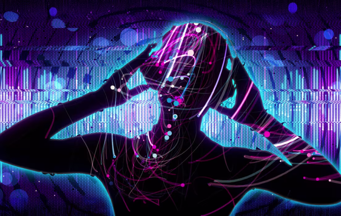 Silhouette of a person outlined in neon blue with glowing pink particle trails against a blue and purple LED wall