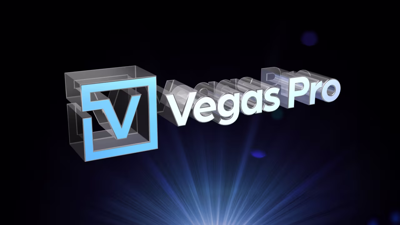 3D extruded Vegas Pro logo title lit by blue light rays on a black background