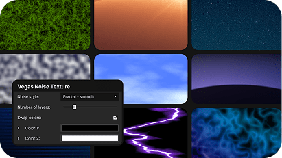 A grid of nine colorful noise texture samples with a settings box titled "VEGAS Noise Texture" overlayed showing options for noise style and color swapping.