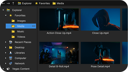 File explorer window showing folders and video thumbnails with filenames like Action Close Up.mp4 and Detail B-Roll.mp4.