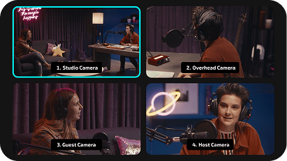Four-camera multicam setup showing studio, overhead, guest, and host views during a podcast recording.