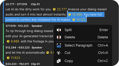 Screenshot of Vegas Pro video editing software showing dialog-based text editing with timestamps, speaker labels, and a context menu with options to split, delete, select paragraph, cut, copy, and paste.