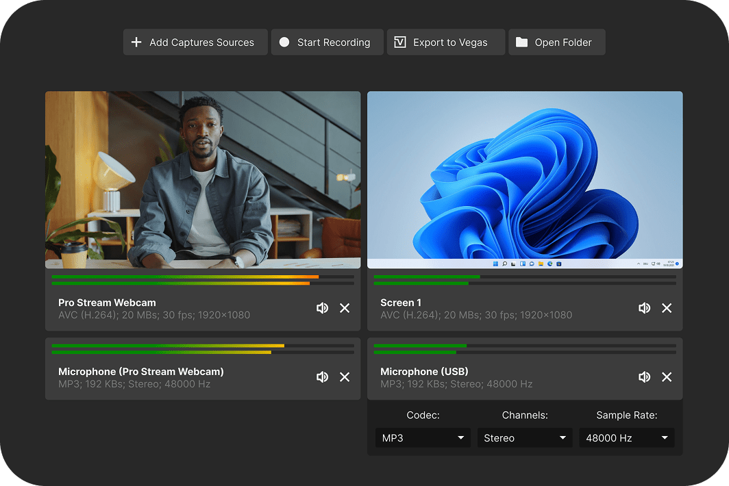 Software interface showing video and audio capture sources with a webcam feed of a man and a screen display, plus microphone settings and codec options.