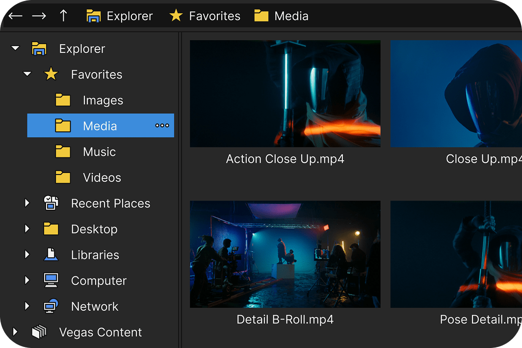File explorer window showing folders and video thumbnails with filenames like Action Close Up.mp4 and Detail B-Roll.mp4.