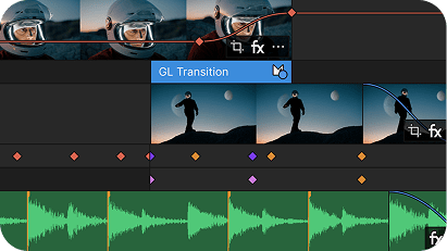 Video editing timeline with clips showing a person in a helmet and a silhouette against a moonlit sky, including audio waveforms and effect markers.