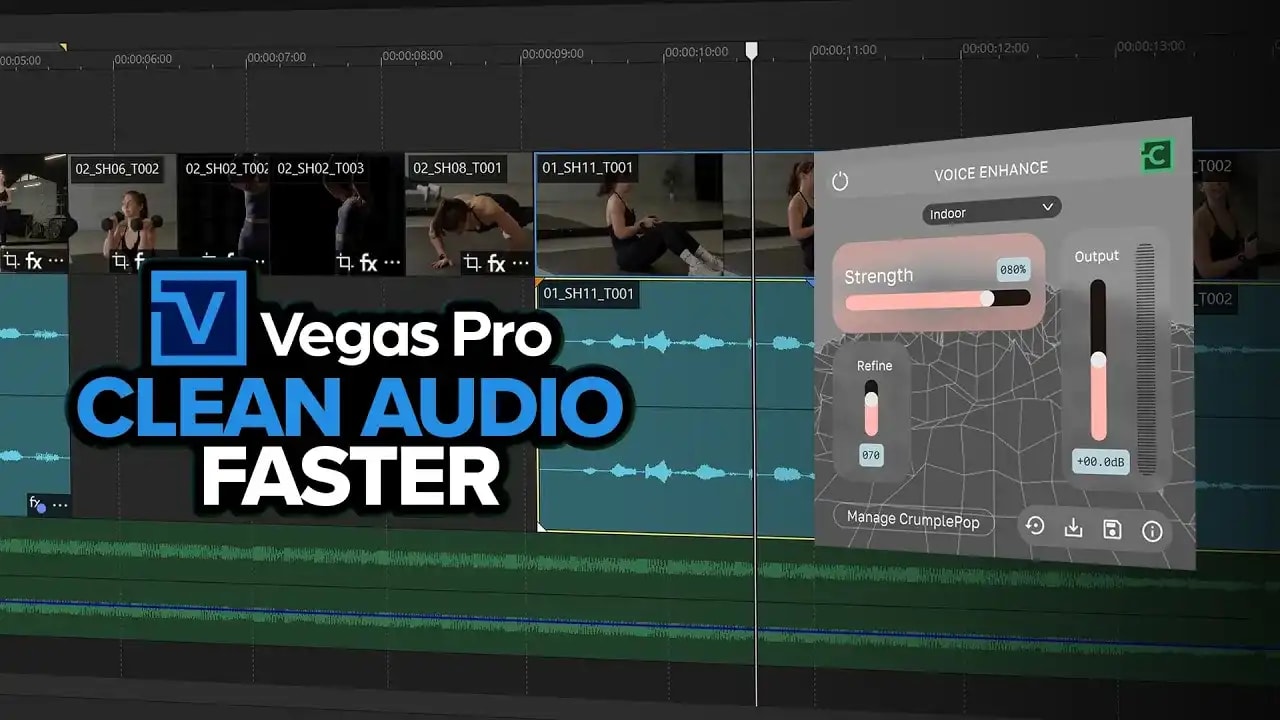 Vegas Pro timeline with the CrumplePop Voice Enhancer panel and the title Clean Audio Faster