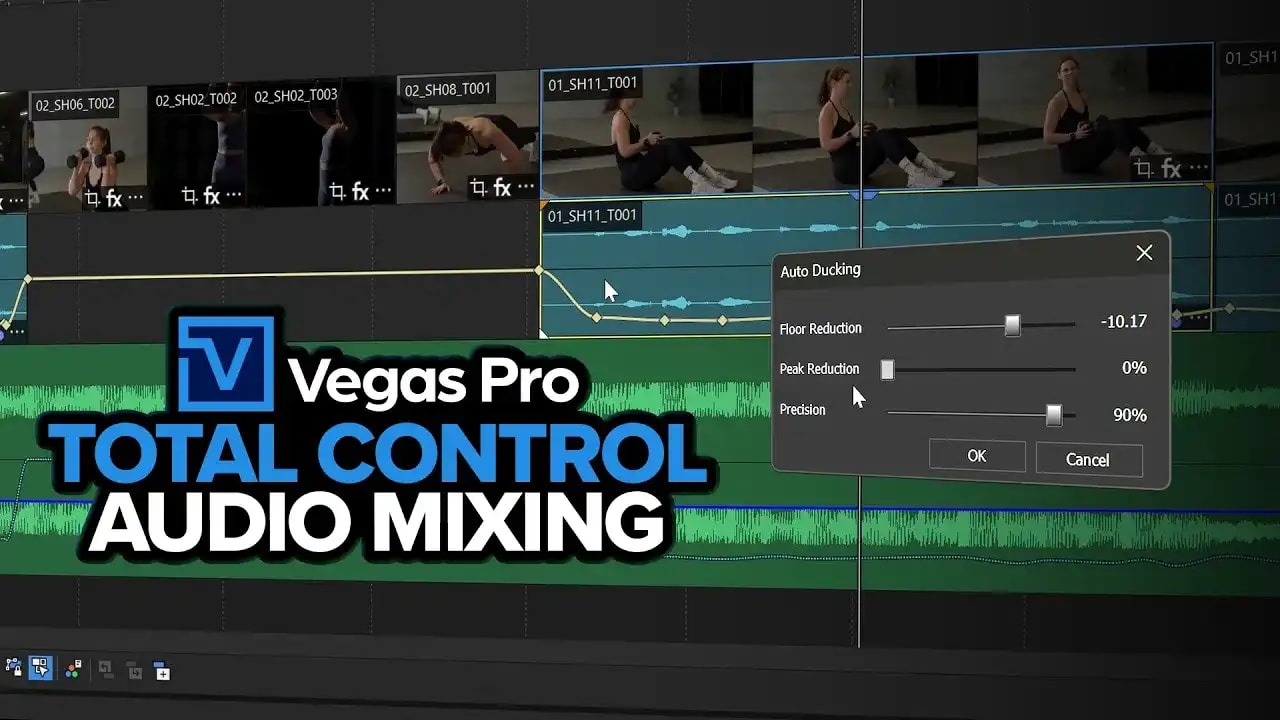Vegas Pro timeline with an audio mixing panel and the title Total Control Audio Mixing