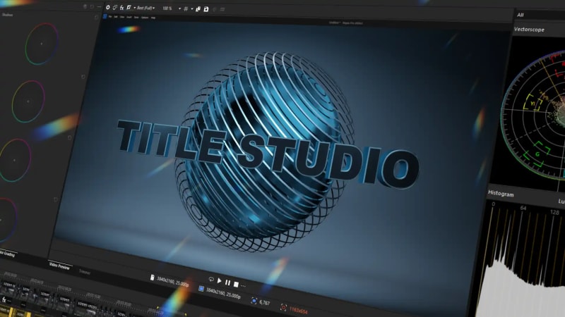 Title Studio interface in Vegas Pro showing a 3D Title Studio logo animation