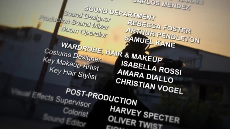 End credit roll with department headings and crew names over a kendo scene, created with Title Studio in Vegas Pro