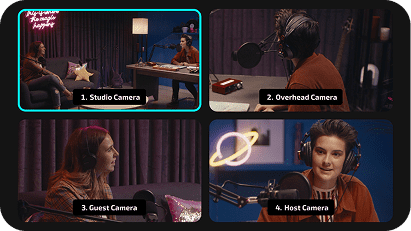 Four-camera multicam view of a podcast set: studio, overhead, guest and host cameras