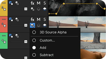 Vegas Pro track headers with the compositing mode menu over desert footage