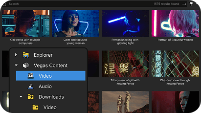 Storyblocks media library browser inside Vegas Pro showing stock video thumbnails and a folder tree