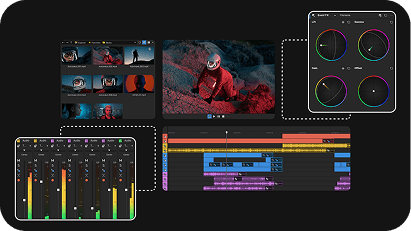 Vegas Pro editing workspace collage showing a video preview, color wheels, audio meters and a multitrack timeline