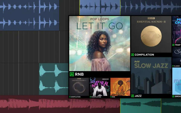 Digital audio workstation interface showing multiple colored sound wave tracks and various music loop sample thumbnails labeled Cyberpunk, Acid Rock, Electro, Funk, and others.
