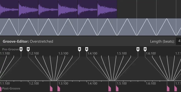 Acid Pro Groove Editor stretching a drum performance, with groove markers fanned across the waveform beneath purple audio tracks.