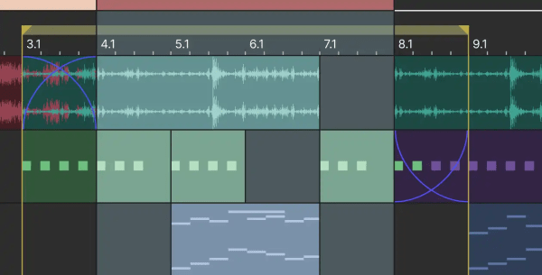 Acid Pro timeline with green and blue MIDI clips from a professionally crafted song project.