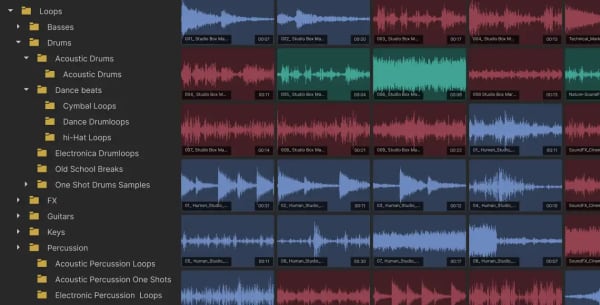 Acid Pro track list stacked with red and blue loop and one-shot waveforms from the included loop library.