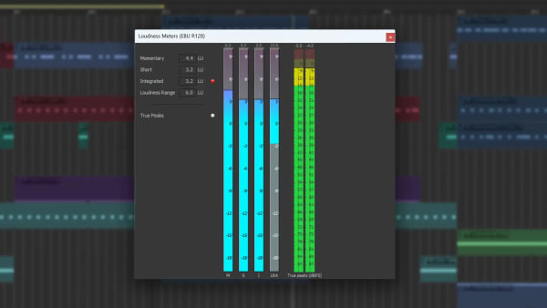 Acid Pro Loudness Meters panel showing EBU R128 momentary, short, and integrated readings with cyan level bars and green true peak meters.