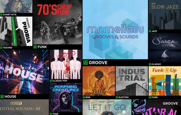 Collage of Acid Loops collection covers including Chart Hits, Techno, Funk, House, Classic Pop, RnB, Industrial, Electro, Jazz, and Trap.
