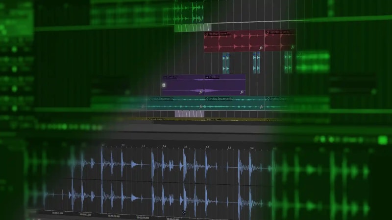 Acid Pro timeline stacked with Hip Hop Groove, Crash, Analog Sequence, and Rock Bass loops above a blue waveform being sliced in the Chopper.