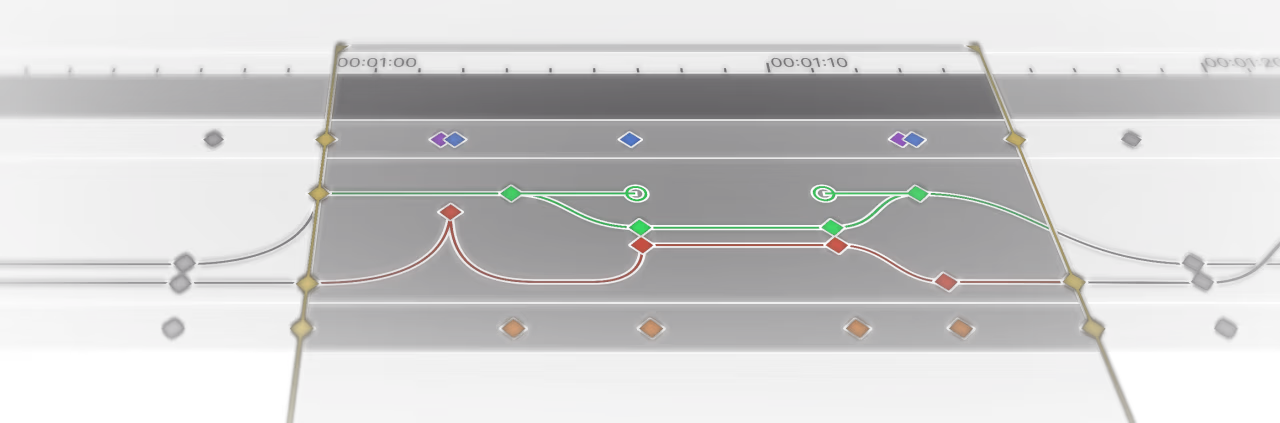 Video editing timeline interface with multiple colored keyframes and curves on a dark background.