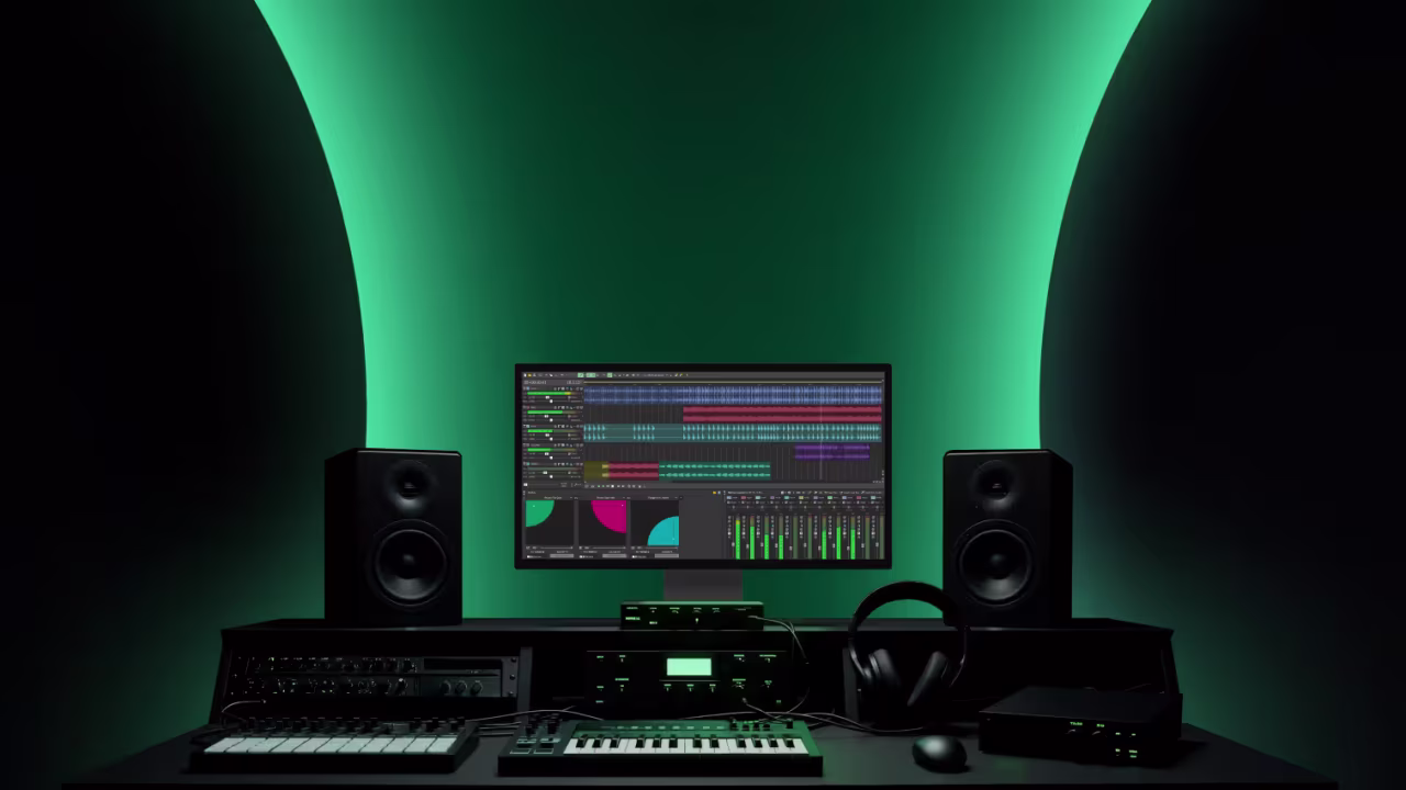 Music studio under a glowing green arch, with a monitor showing a multitrack session, two speakers, MIDI keyboards, rack gear and headphones.