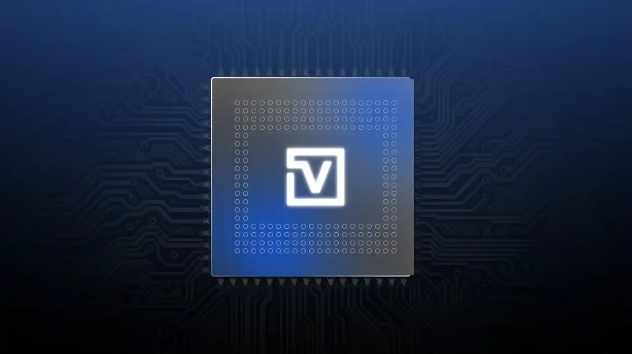 Glowing blue processor chip with a Vegas V logo on a dark circuit-board background