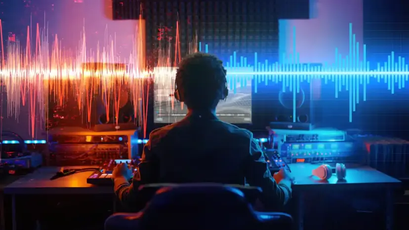 Person wearing headphones at a studio desk with glowing audio waveforms across the monitors.