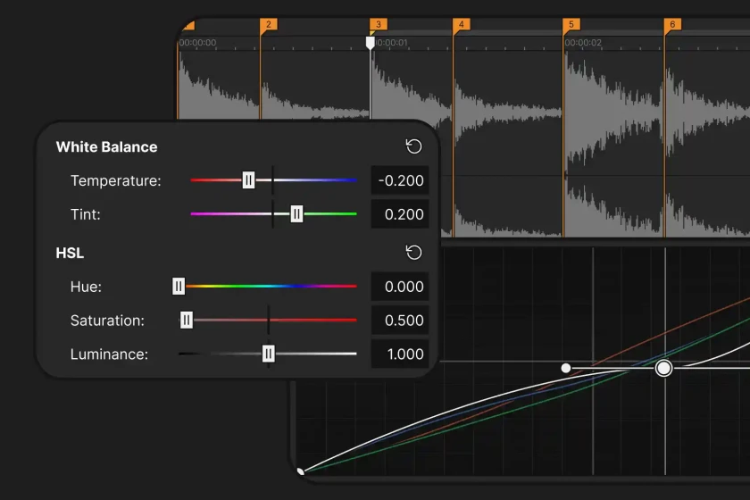 Color grading interface showing white balance sliders for temperature and tint, and HSL sliders for hue, saturation, and luminance, next to a video timeline and curves adjustment graph.