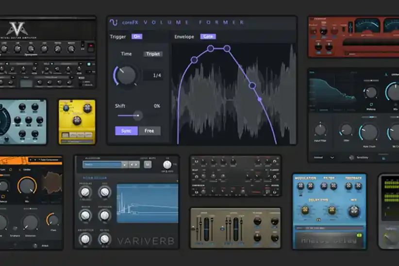 User interface collage of various digital audio effect plugins including volume former, reverb, delay, compressor, and filter controls.