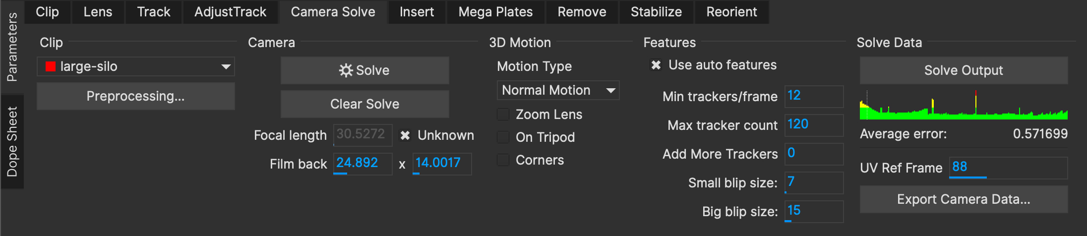 camerasolve main parameters