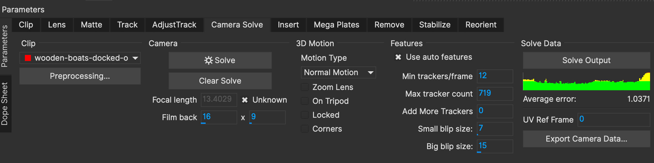 camerasolve main parameters