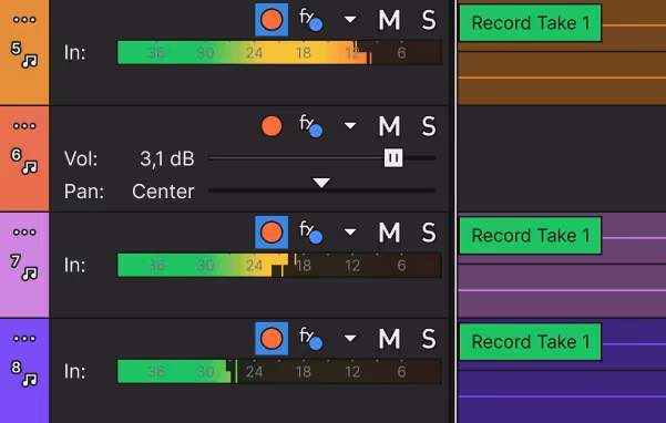 Vegas Pro track headers 5 to 8 armed for recording, with red record buttons, input level meters, Vol 3,1 dB / Pan Center controls and green 'Record Take 1' clips on orange and purple lanes.