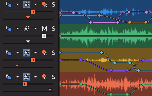 Four color-coded audio tracks (blue, green, yellow, red) in the Vegas Pro timeline with waveforms and curved FX automation envelopes with diamond keyframes, track headers with fx, automation and S/M buttons on the left.