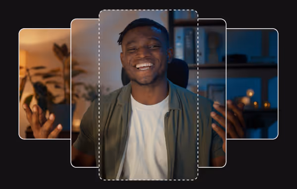 Smiling man shown in several overlapping portrait frames of different widths, with a dashed vertical crop frame in the center, on a dark background.