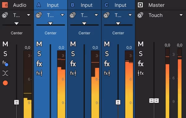 Vegas Pro mixer channel strips for an Audio track, blue Input A, B and C busses and Master, each with M/S/fx buttons, Center pan and orange-yellow level meters.