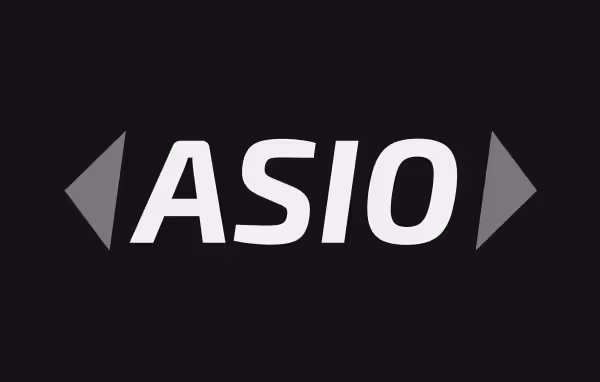 White italic 'ASIO' logo flanked by grey left and right arrowheads on a dark charcoal background.