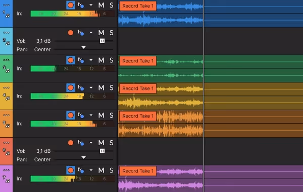 Multitrack audio session with seven color-coded tracks, input level meters, arm-record buttons and 'Record Take 1' clips with waveforms.