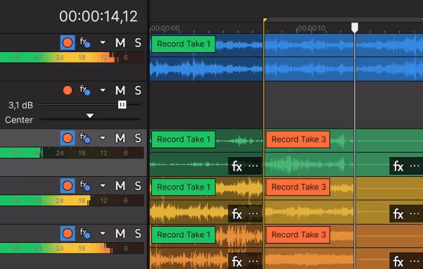 Vegas Pro timeline at 00:00:14,12 with a yellow loop region over stacked audio tracks containing green 'Record Take 1' and red 'Record Take 3' clips for punch-in recording.