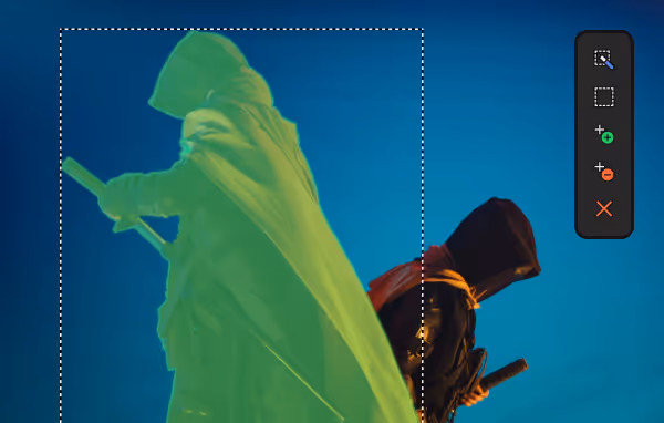 Hooded figure holding a staff against a blue sky, covered by a green AI-generated mask inside a dotted selection box, with a vertical mask tool palette on the right.