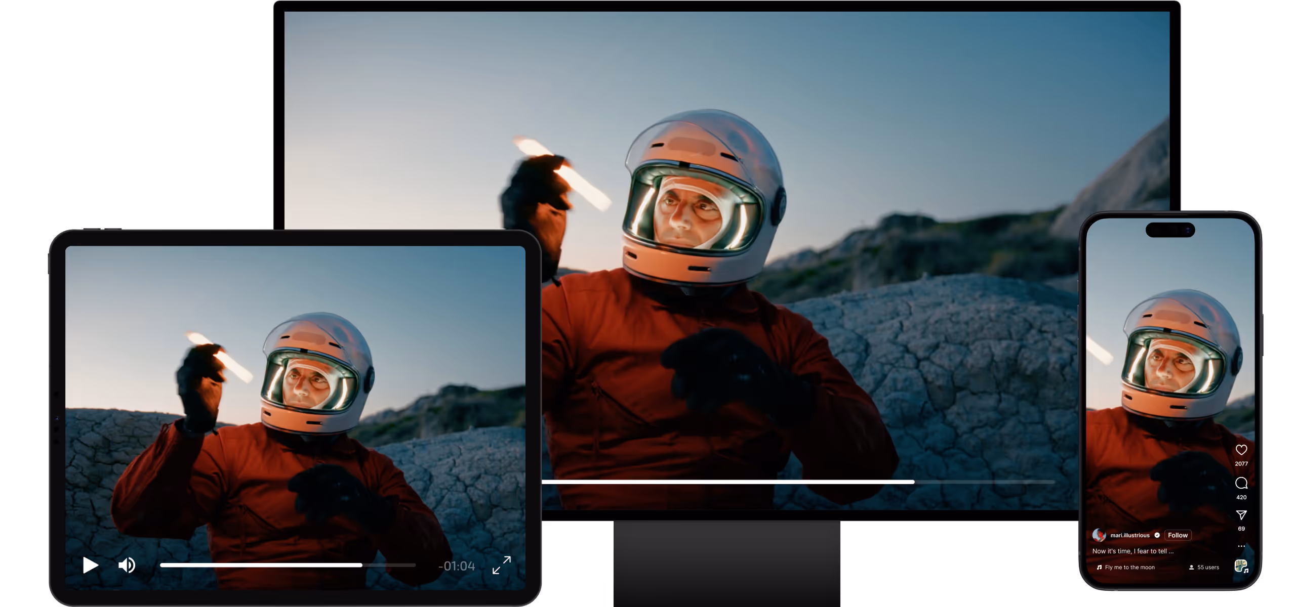 Video playback on tablet, TV, and smartphone showing a person in an astronaut helmet and red suit holding a glowing object outdoors near rocky terrain.