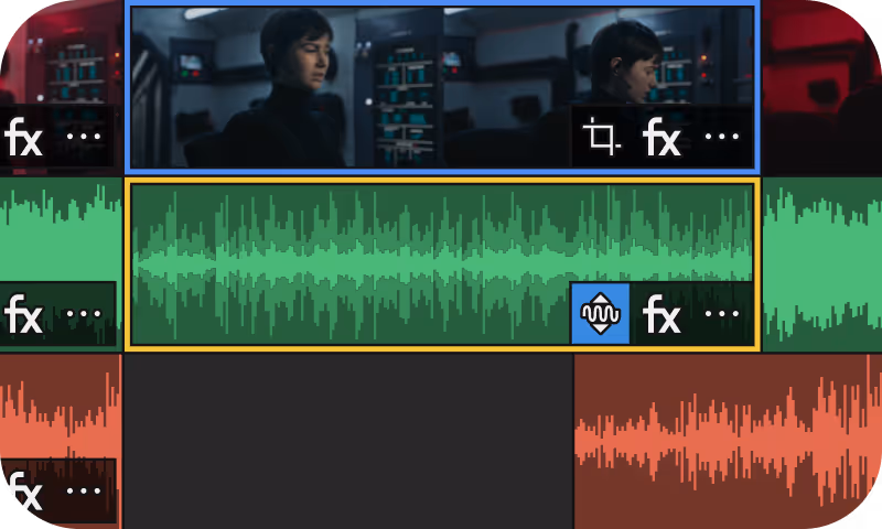Vegas Pro timeline close-up: a selected video event of a woman in a dark room above green and red audio events, with the selected green audio event showing the normalize icon and fx buttons.