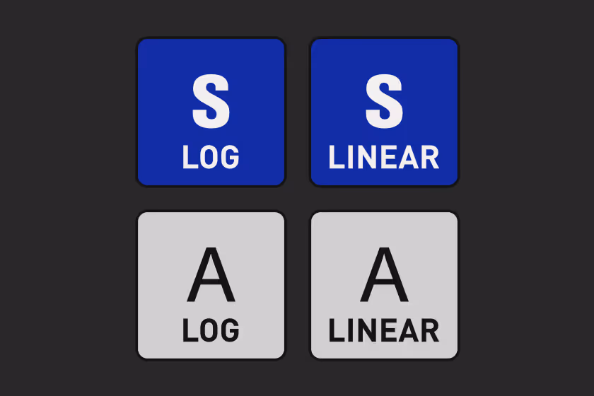 Grid of four square buttons labeled S LOG, S LINEAR in blue, and A LOG, A LINEAR in gray on a dark background.