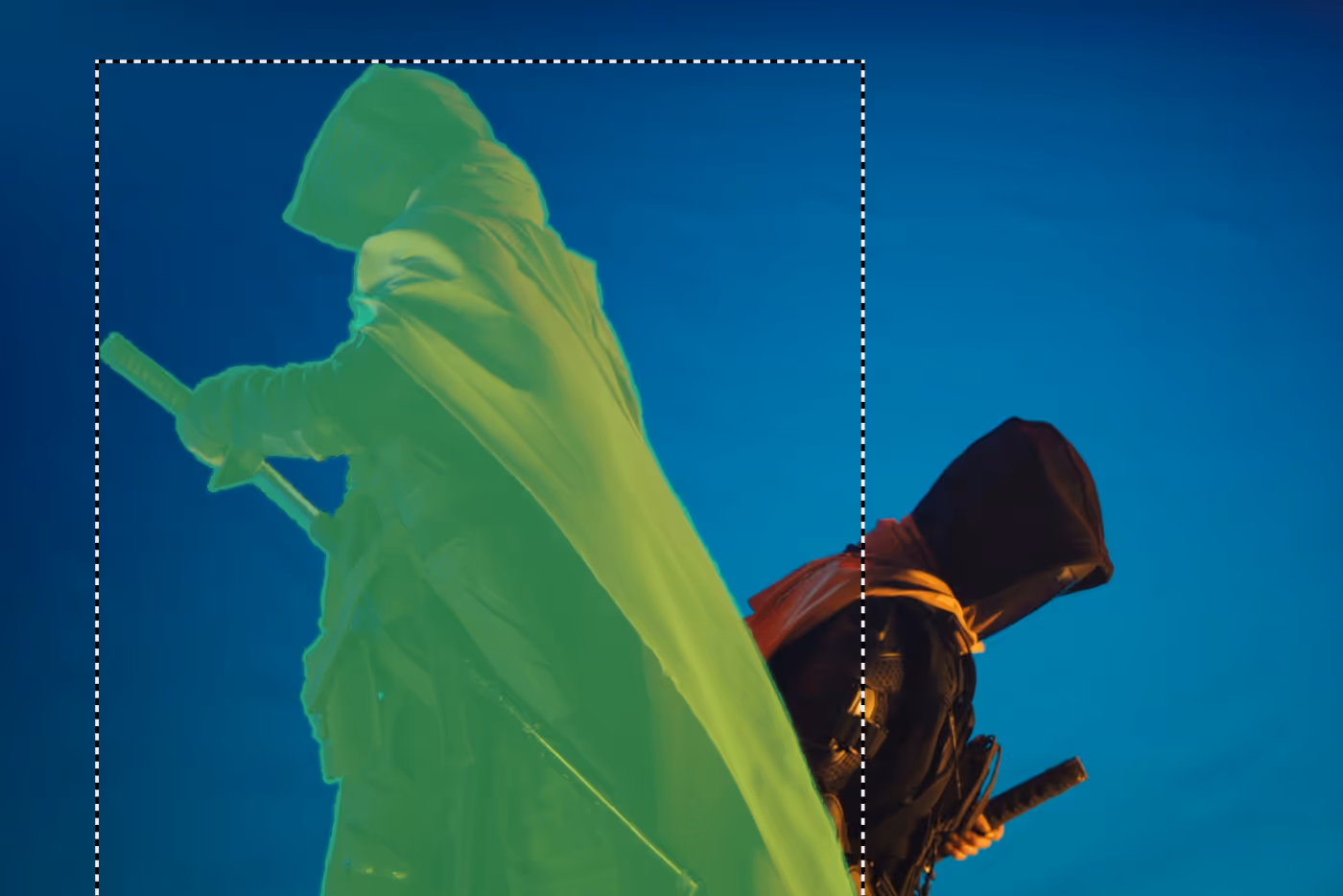 Two hooded figures dressed as ninjas standing back-to-back against a blue background, one highlighted in green.