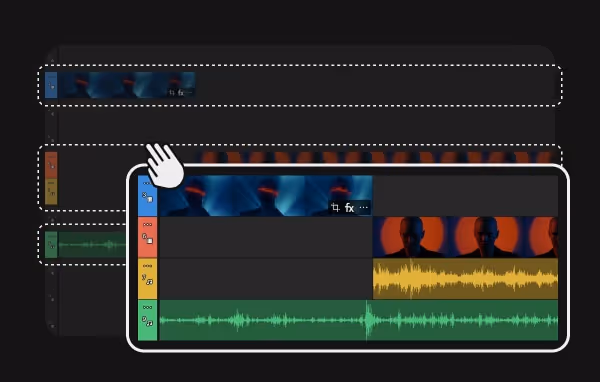 Timeline illustration with a hand cursor dragging a highlighted group of tracks (blue video clip, orange-tinted clips, yellow and green audio waveforms) between dashed track slots.