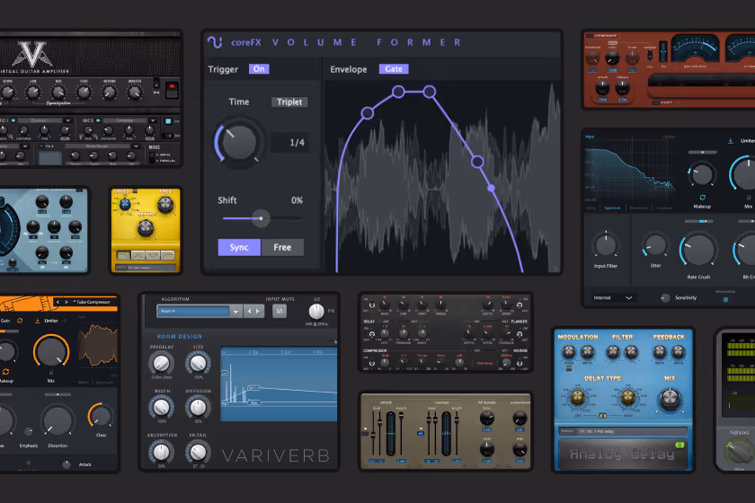 User interface collage of various digital audio effect plugins including volume former, reverb, delay, compressor, and filter controls.