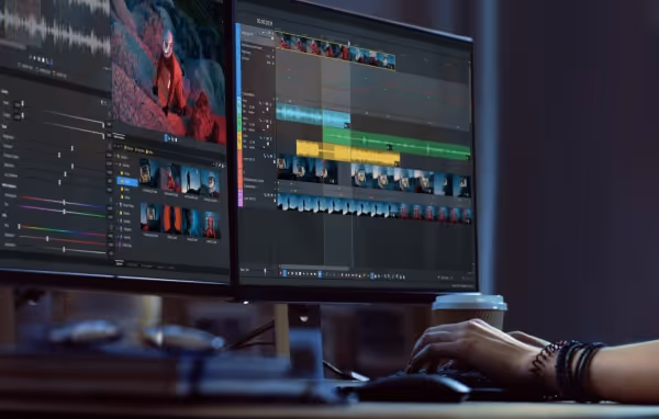 Hands typing on a keyboard in front of two monitors showing the Vegas Pro timeline with color-coded tracks, a media bin and a red-lit video preview, coffee cup on the desk.