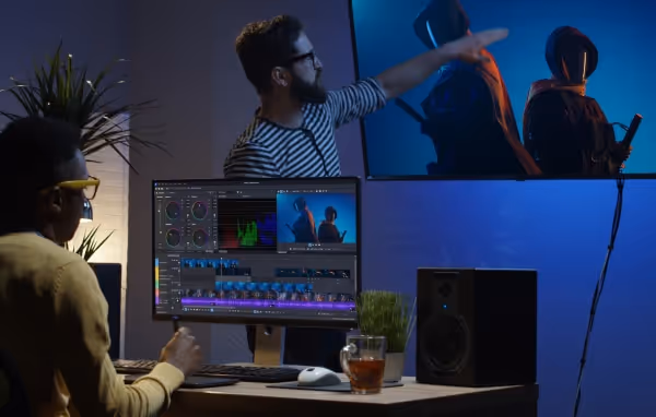 Two editors in a blue-lit studio: one points at a large wall-mounted screen showing two hooded figures while the other edits in Vegas Pro on a desktop monitor beside a speaker and a plant.