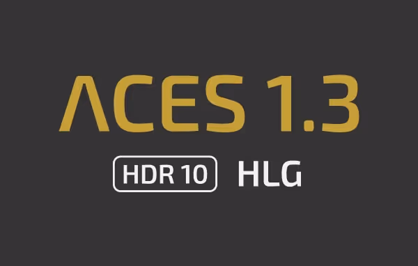 Gold 'ACES 1.3' lettering above outlined 'HDR 10' and 'HLG' badges on a charcoal background.