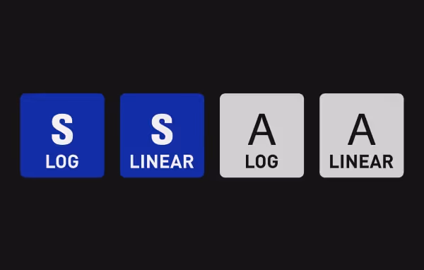 Four tiles on near-black: blue Samsung 'S LOG' and 'S LINEAR', and light grey Apple 'A LOG' and 'A LINEAR'.